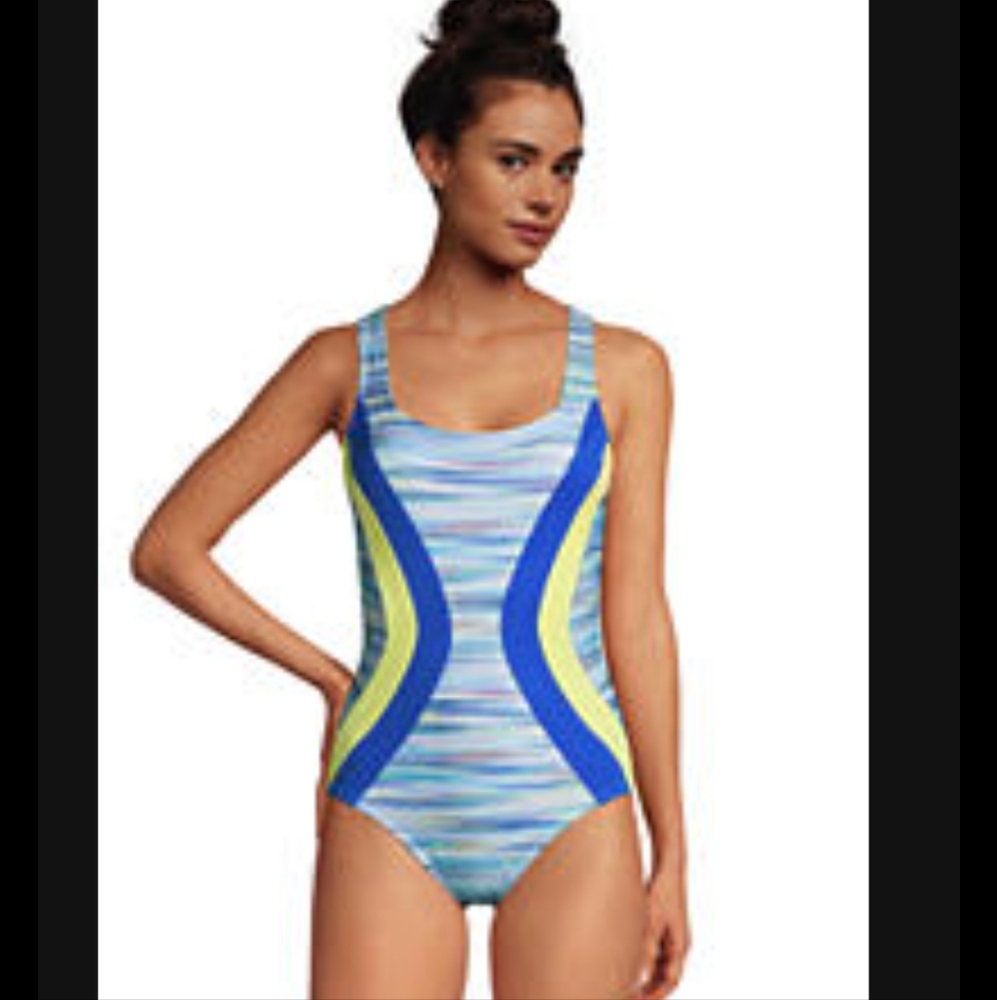 Lands' End Blue and Yellow One Piece Swimwear with Athletic Cut